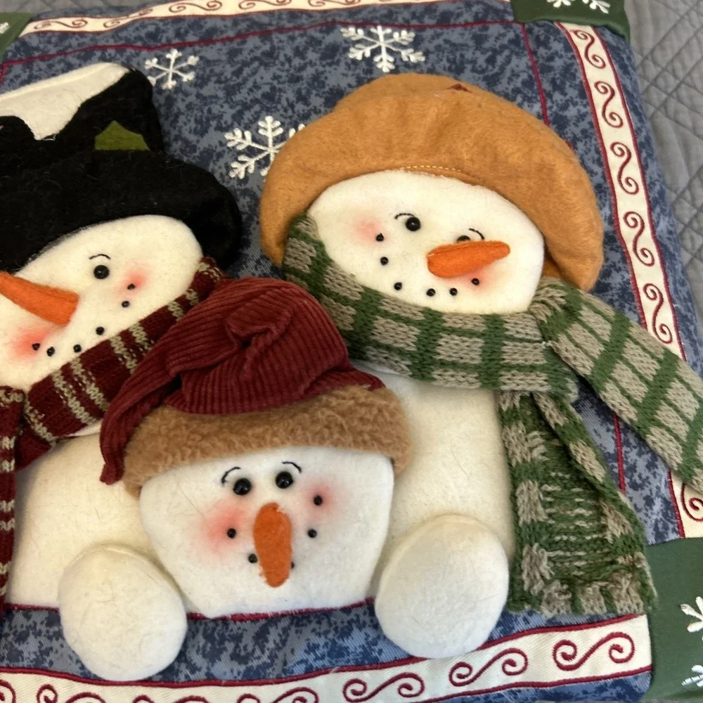 Vintage 1990s St Nicholas Square Snowman Fabric Pillow 15x15 Holiday Christmas